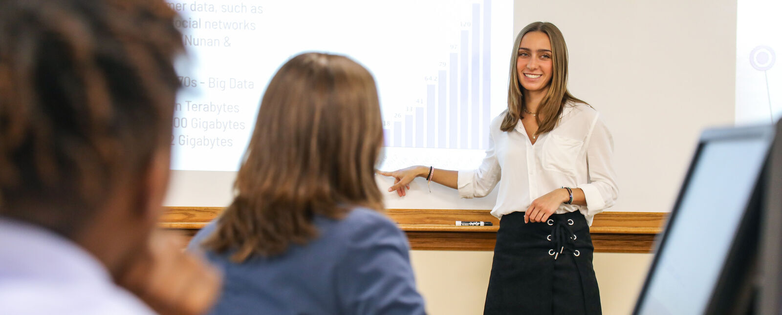 A female student makes a business presentation in a classroom 