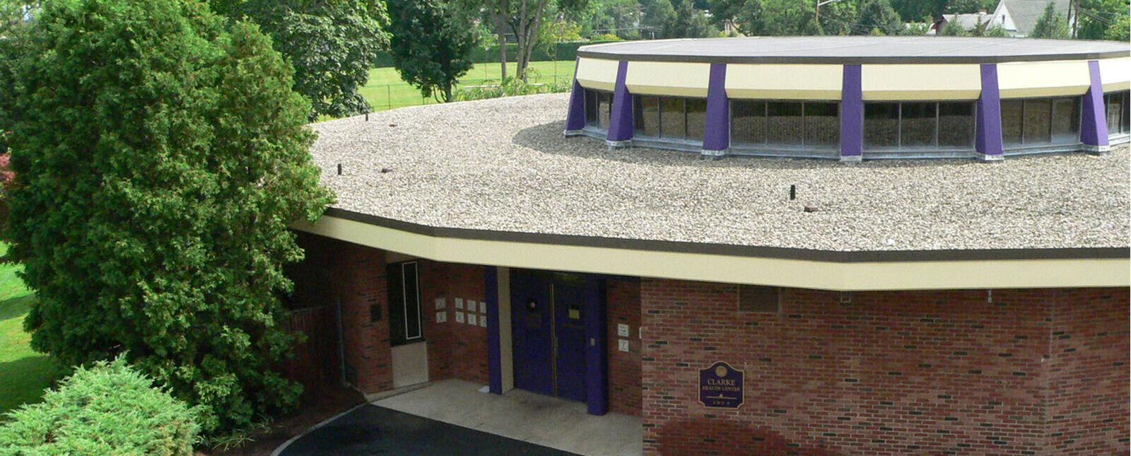 An overhead picture of the Clarke Health Center entrace