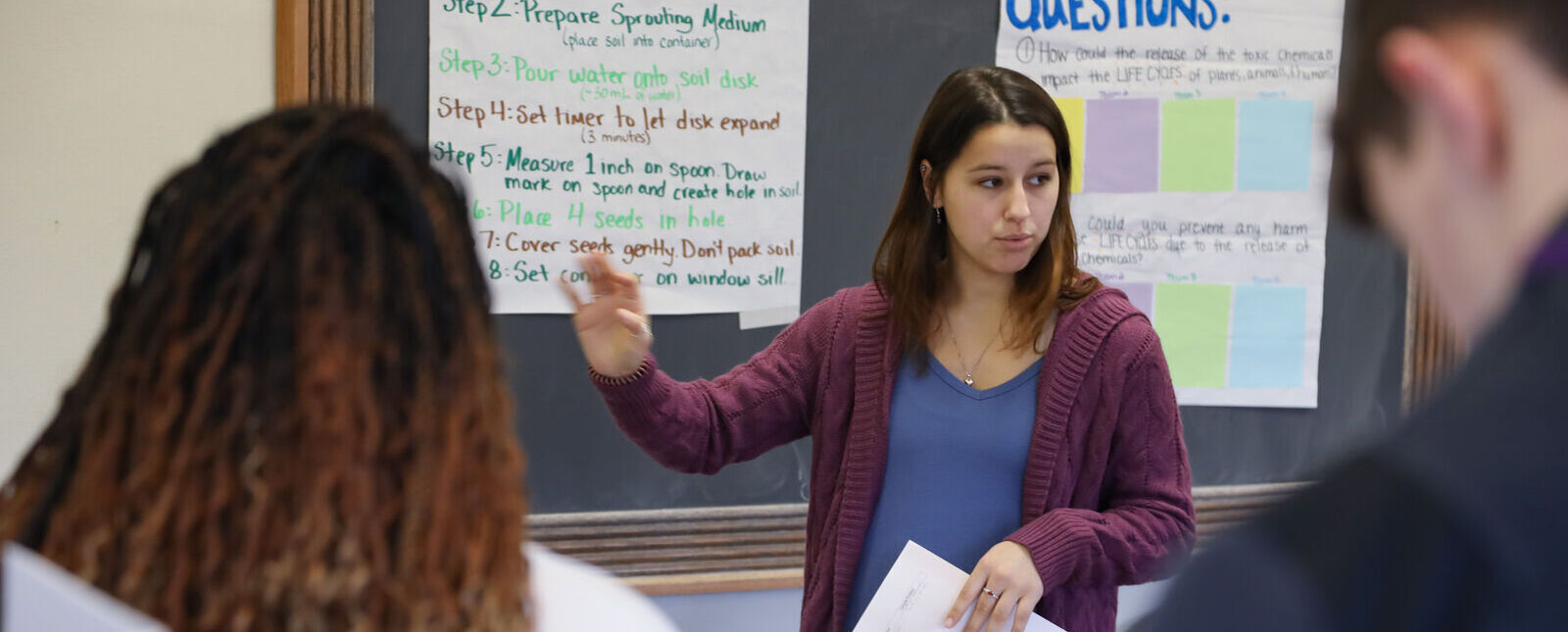 A female student practices teaching a lesson with posters on a chalkboard in an education class
