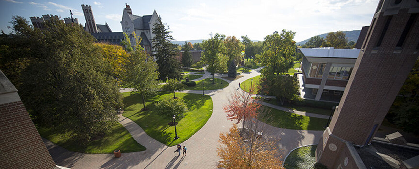An overview of the Elmira College campus as students walk along a brick walkway